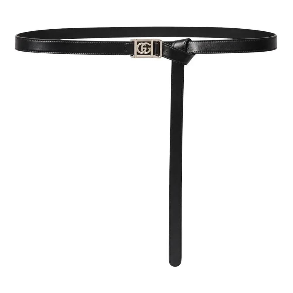 Gucci 20mm Leather Tie Belt Double GG Logo Black Silver Size 95/38